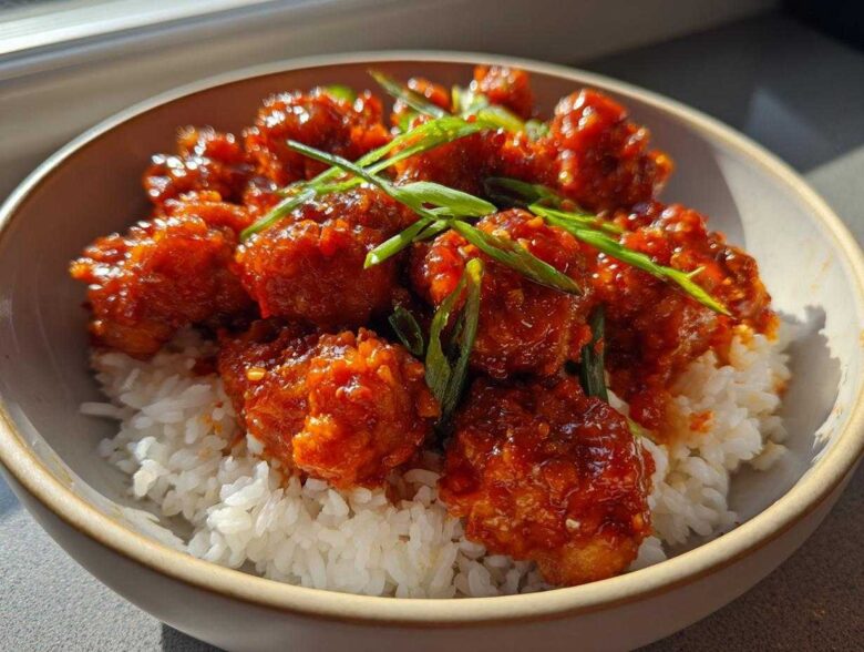Close-up of Sticky Sweet Chili Chicken Skillet pieces coated in glossy red sauce served over white rice and garnished with green onions.