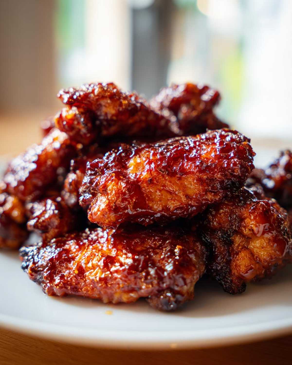 A close-up of crispy oven Sticky Sweet Chili Chicken Wings piled high on a white plate.