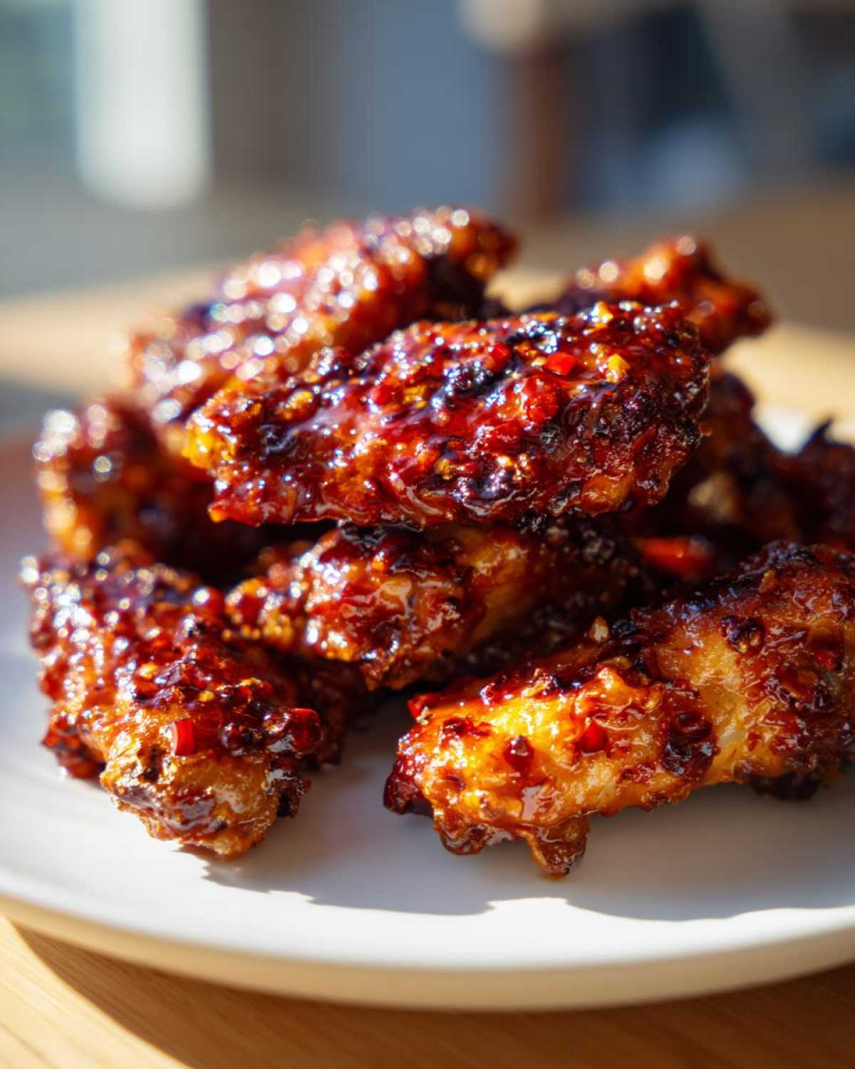 Close-up of perfectly glazed, crispy oven-baked Sticky Sweet Chili Chicken Wings piled on a white plate.