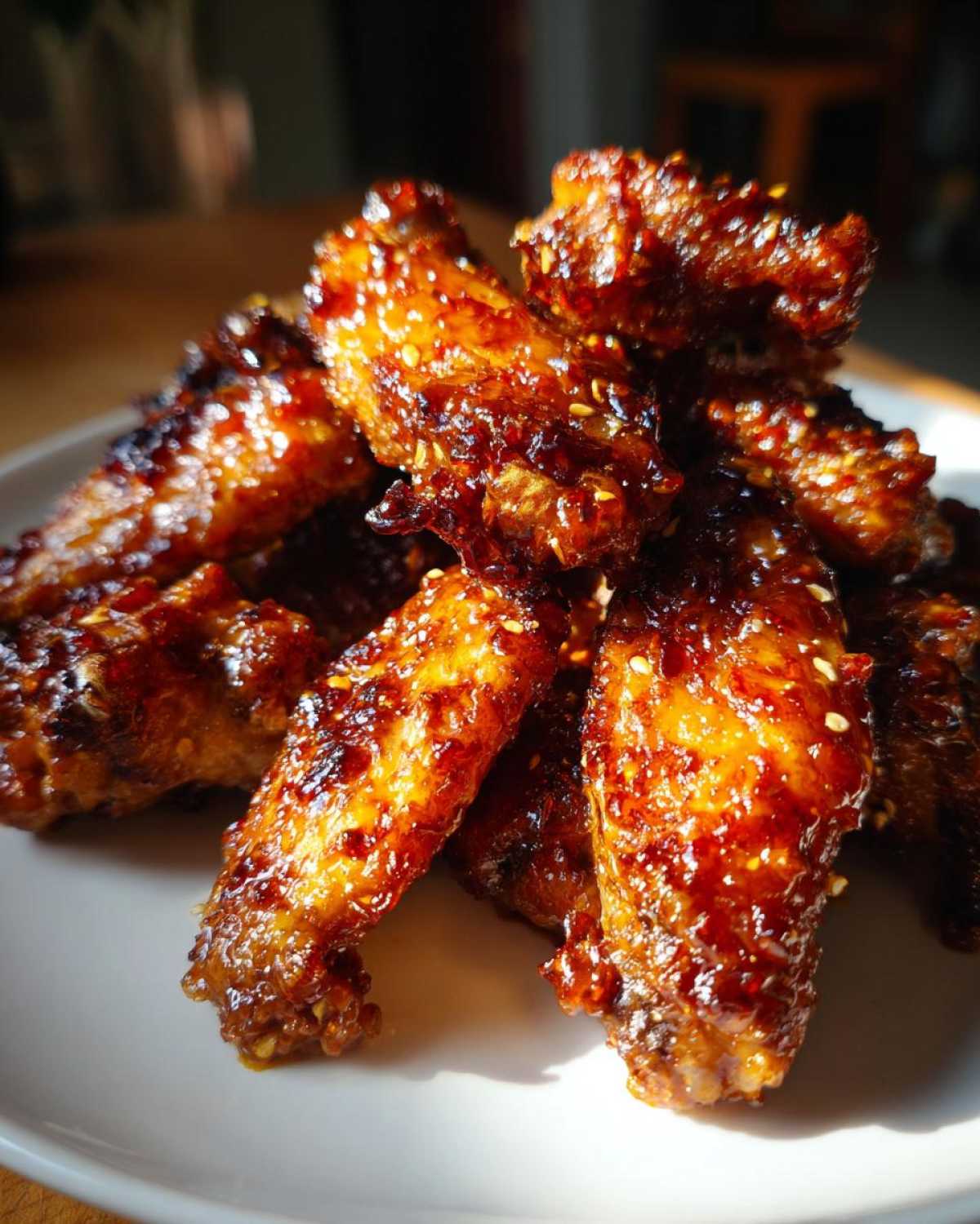 Close-up of crispy oven Sticky Sweet Chili Chicken Wings piled on a white plate, glistening with glaze and sesame seeds.