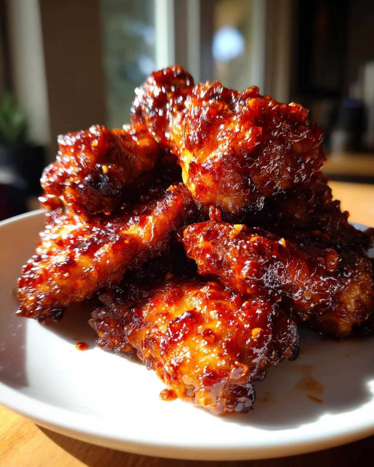 A close-up of crispy oven Sticky Sweet Chili Chicken Wings coated in a thick, glossy, dark red glaze.