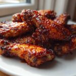 A close-up of several Sticky Sweet Chili Chicken Wings Oven Baked, glistening with a dark, sticky glaze on a white plate.