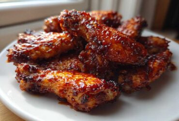 A close-up of several Sticky Sweet Chili Chicken Wings Oven Baked, glistening with a dark, sticky glaze on a white plate.