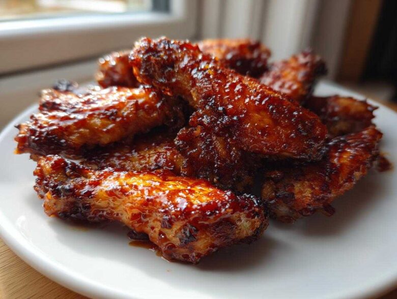 A close-up of several Sticky Sweet Chili Chicken Wings Oven Baked, glistening with a dark, sticky glaze on a white plate.