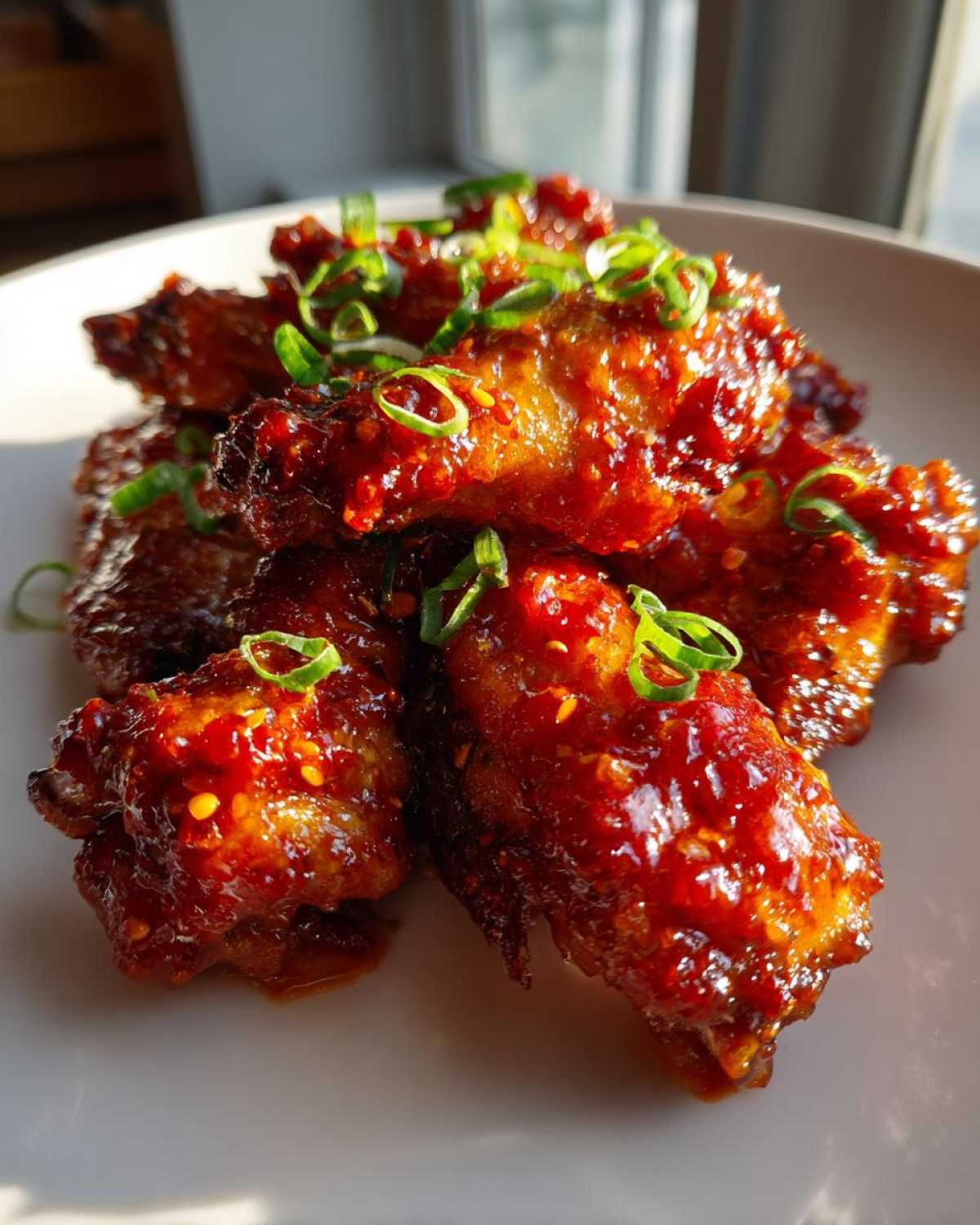 A pile of glossy, caramelized Sticky Sweet Chili Chicken Wings Oven Baked garnished with sliced green onions.