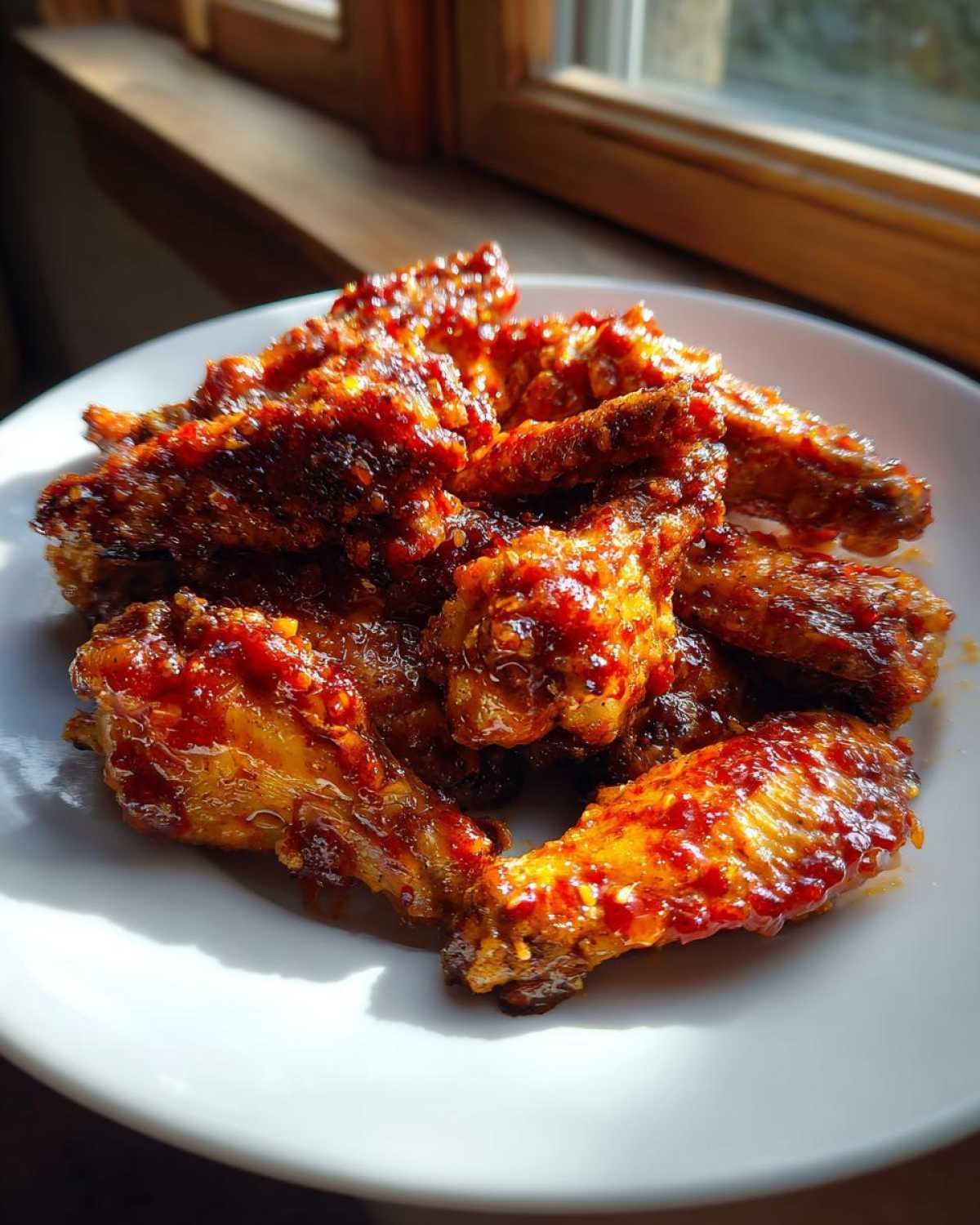 A plate piled high with Sticky Sweet Chili Chicken Wings Oven Baked, glistening under natural light.
