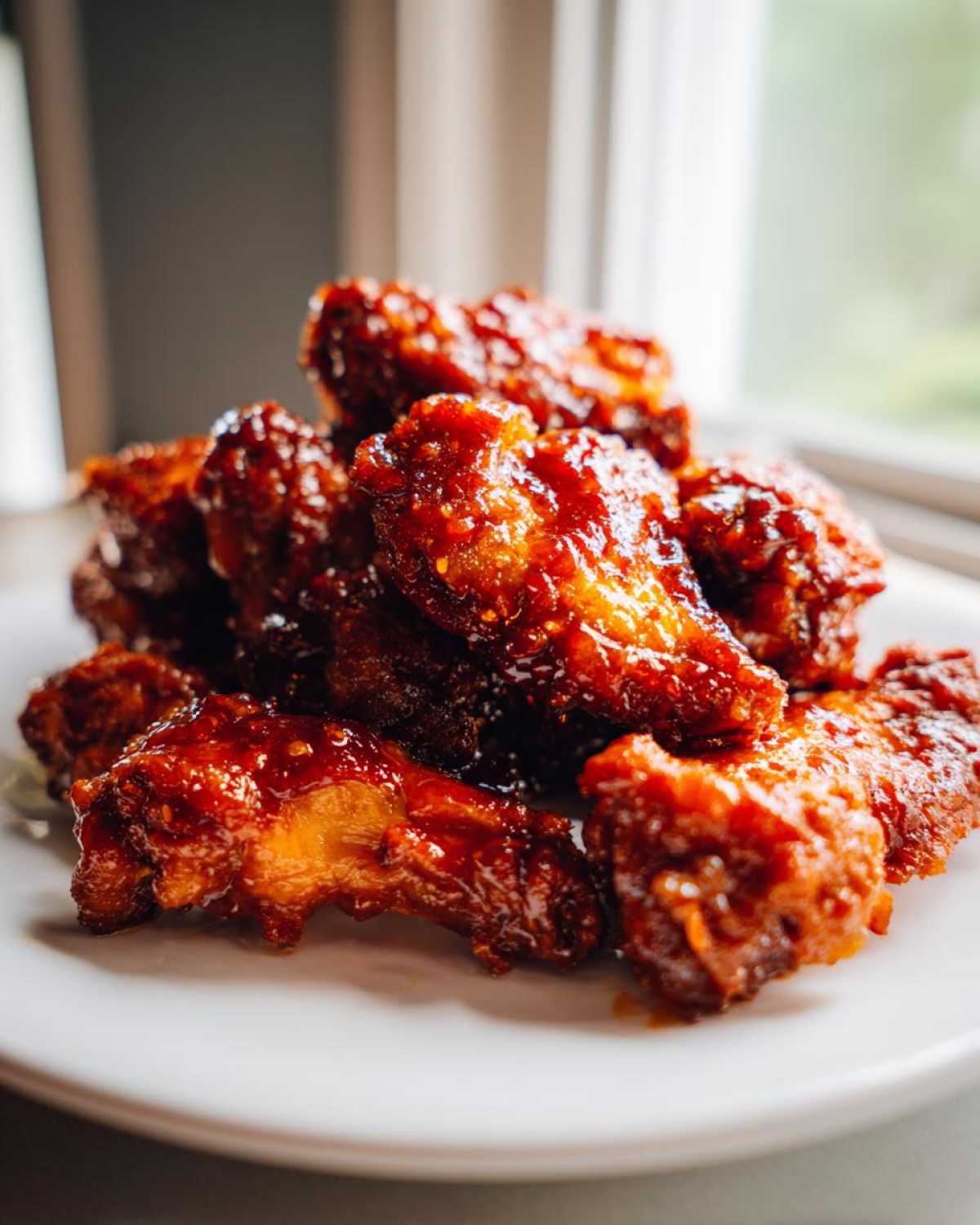A close-up of a pile of Sticky Sweet Chili Chicken Wings Oven Baked, coated in a glossy, dark red glaze.