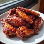 A pile of glistening Sticky Sweet Chili Chicken Wings Oven Baked coated in a thick, dark red glaze, served on a white plate.
