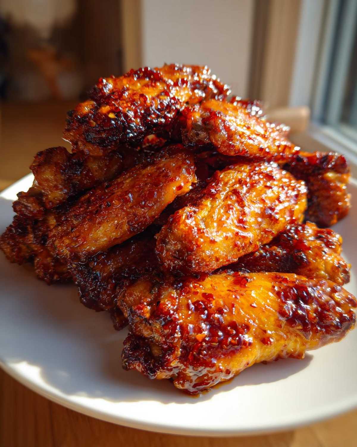 A pile of glistening, caramelized Sticky Sweet Chili Chicken Wings Oven Baked stacked on a white plate.