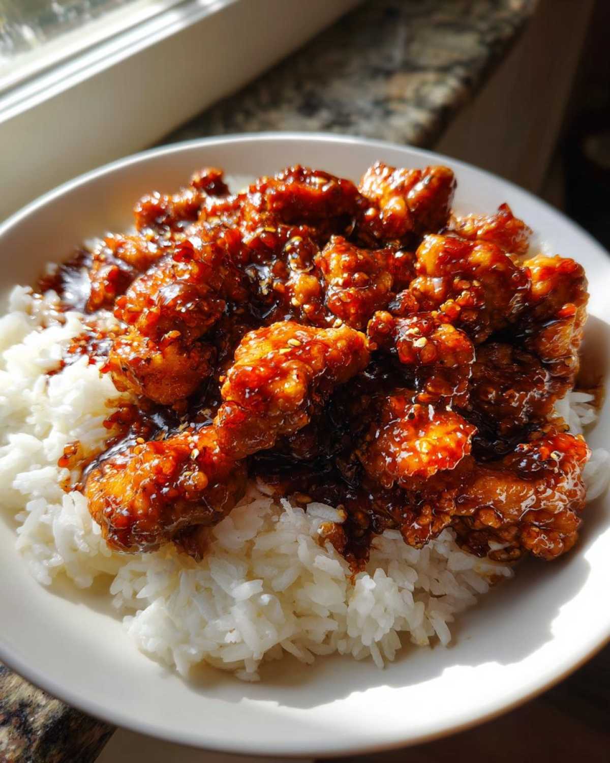 A close-up of Sticky Sweet Soy Chicken pieces coated in a dark glaze served over white rice in a bowl.