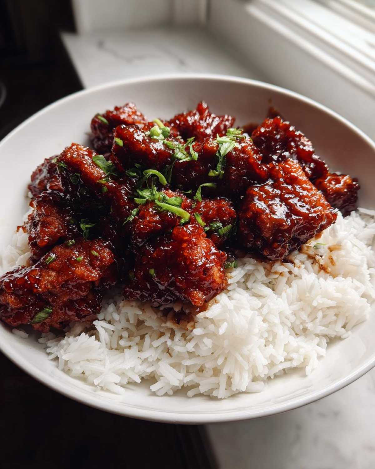 Close-up of Sticky Sweet Soy Chicken pieces coated in dark glaze served over white rice, garnished with green onions.