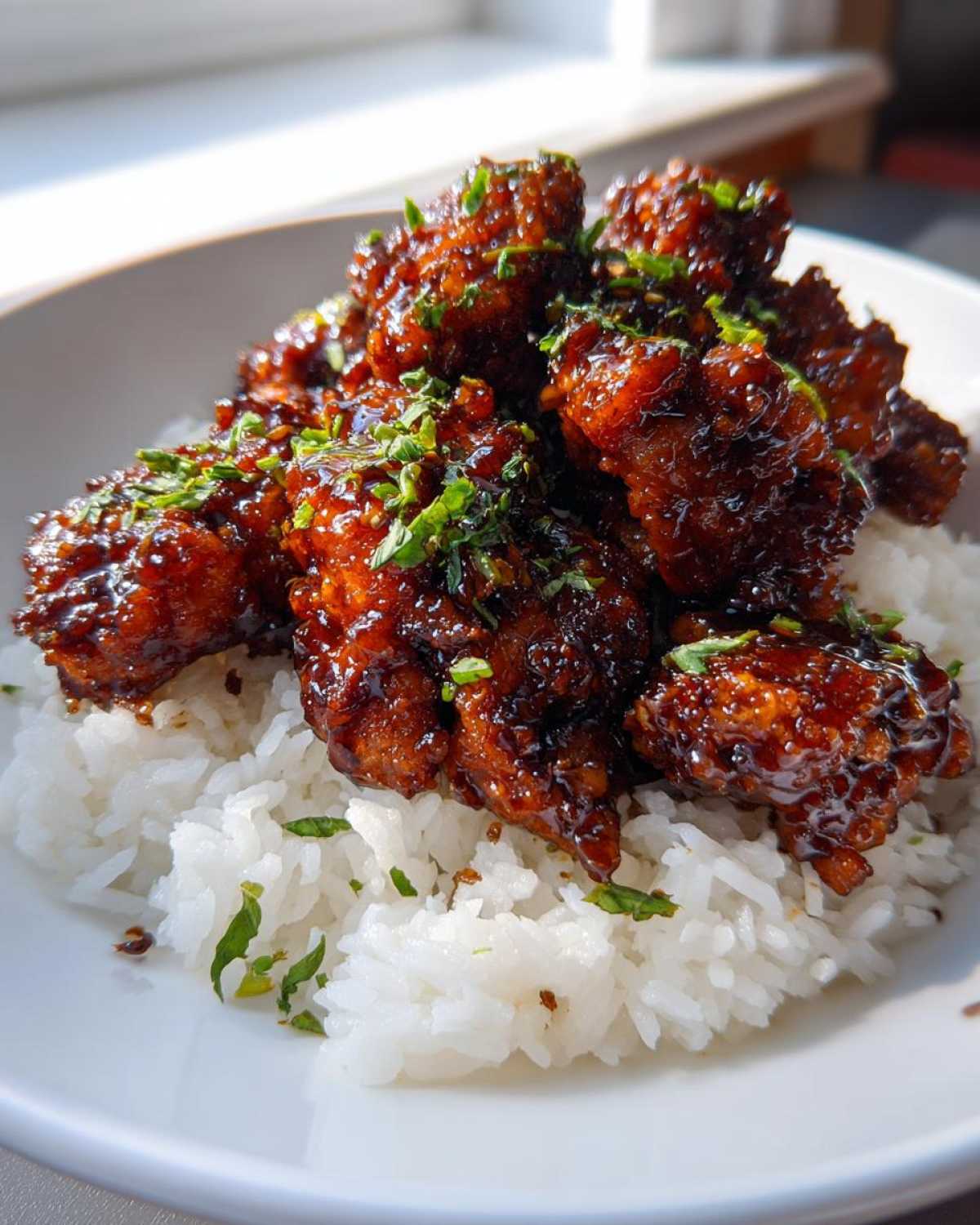 Close-up of Sticky Sweet Soy Chicken pieces coated in dark glaze served over a bed of fluffy white rice and garnished with fresh herbs.
