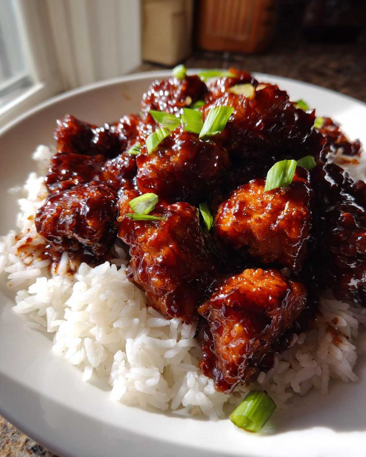Close-up of Sticky Sweet Soy Chicken pieces coated in dark glaze served over fluffy white rice and garnished with green onions.