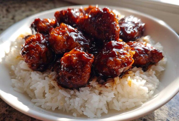 Close-up of Sticky Sweet Soy Chicken pieces coated in dark, glossy sauce served over a bed of fluffy white rice.