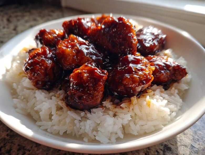 Close-up of Sticky Sweet Soy Chicken pieces coated in dark, glossy sauce served over a bed of fluffy white rice.