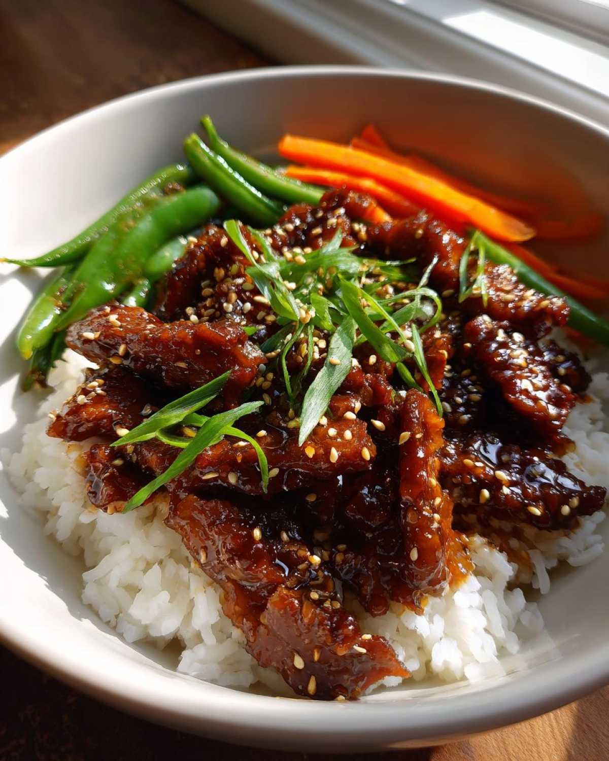 A close-up of a Sticky Teriyaki Chicken Bowl featuring glossy, sauced chicken over white rice, garnished with sesame seeds and green onions, next to steamed vegetables.