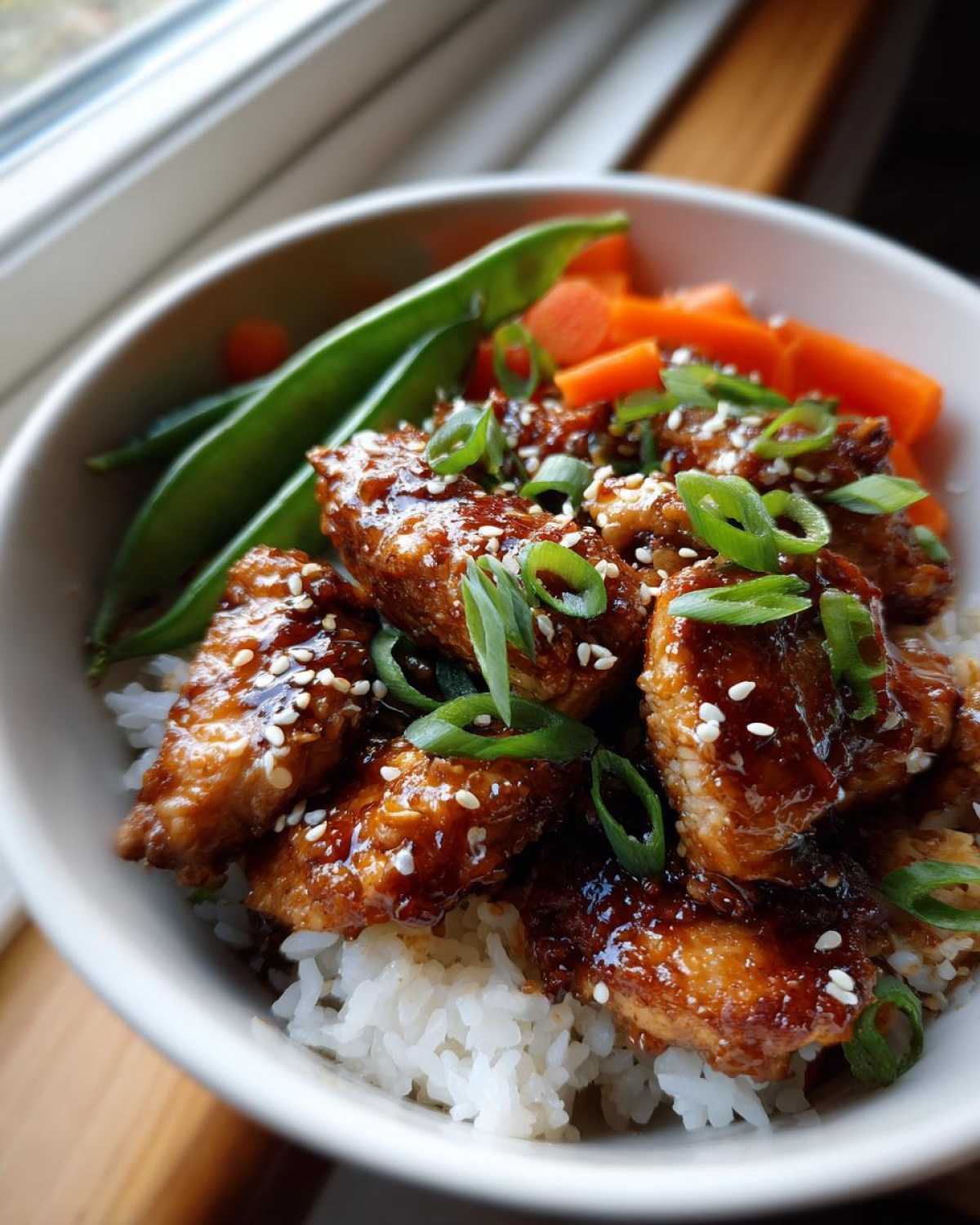 Close-up of a Sticky Teriyaki Chicken Bowl featuring glazed chicken pieces over white rice, topped with sesame seeds and green onions.