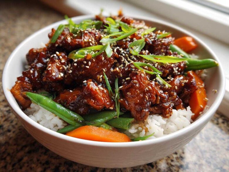 A close-up of a white bowl filled with Sticky Teriyaki Chicken Bowl, featuring glazed chicken over white rice, green beans, carrots, and sesame seeds.