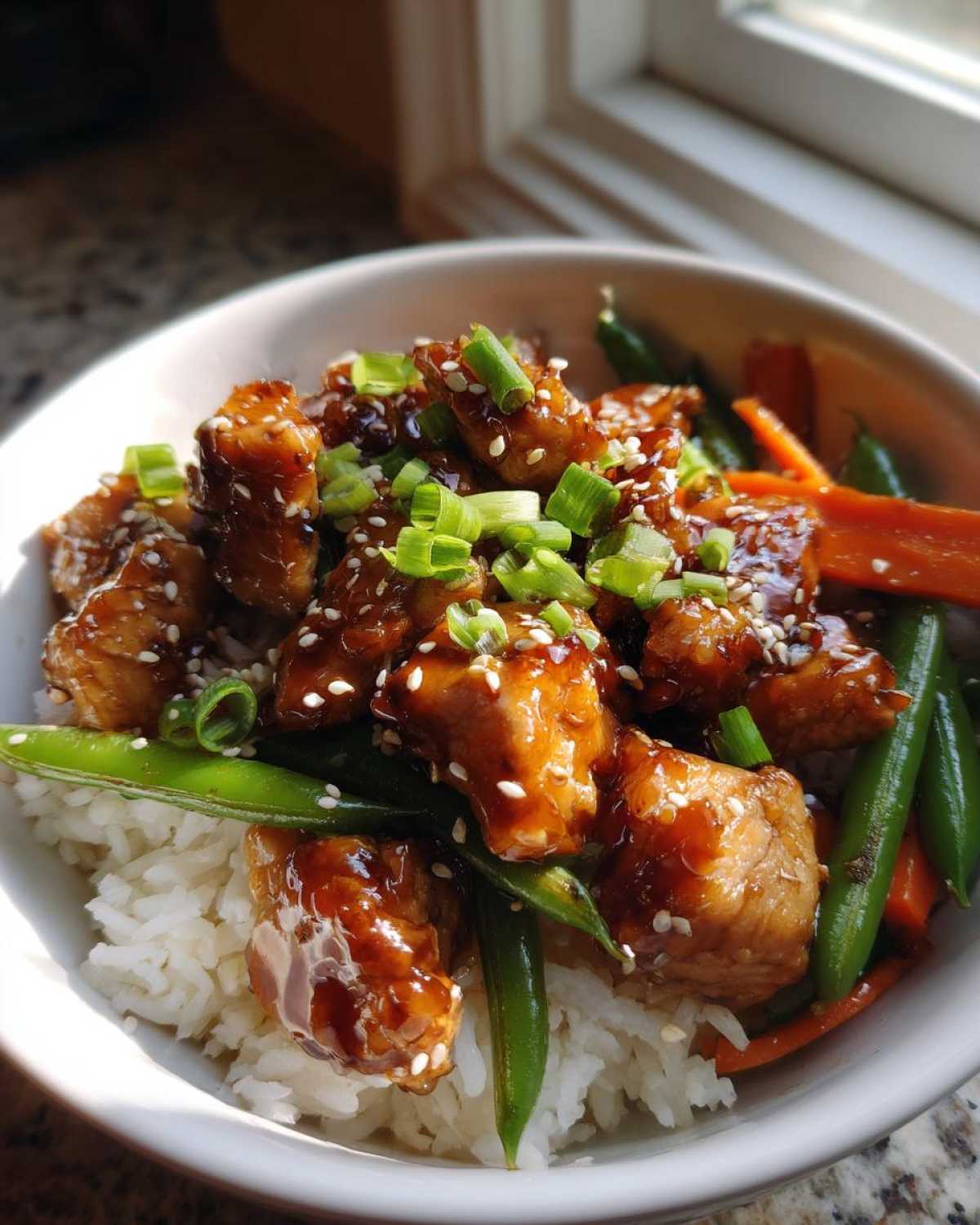 Close-up of a Sticky Teriyaki Chicken Bowl featuring glazed chicken pieces over white rice with snap peas and carrots, topped with sesame seeds and scallions.