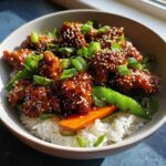 Close-up of a Sticky Teriyaki Chicken Bowl featuring glazed chicken pieces topped with sesame seeds, served over rice with snap peas and carrots.