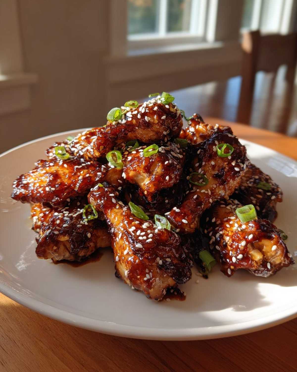 A pile of glossy Sticky Teriyaki Chicken Wings Oven Baked, garnished with sesame seeds and green onions.
