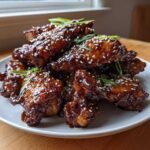 A tempting pile of Sticky Teriyaki Chicken Wings Oven Baked, glazed dark brown and topped with sesame seeds and green onions.