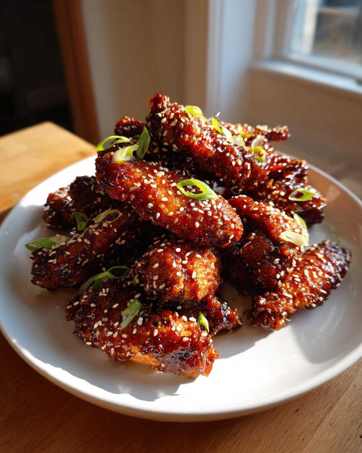 A mound of Sticky Teriyaki Chicken Wings Oven Baked, coated in a dark glaze and topped with sesame seeds and green onions.