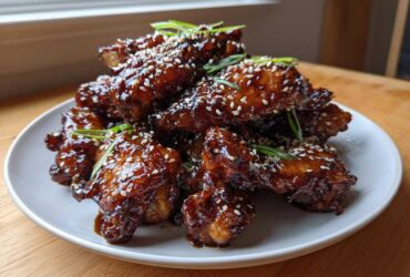 A tempting pile of Sticky Teriyaki Chicken Wings Oven Baked, glazed dark brown and topped with sesame seeds and green onions.