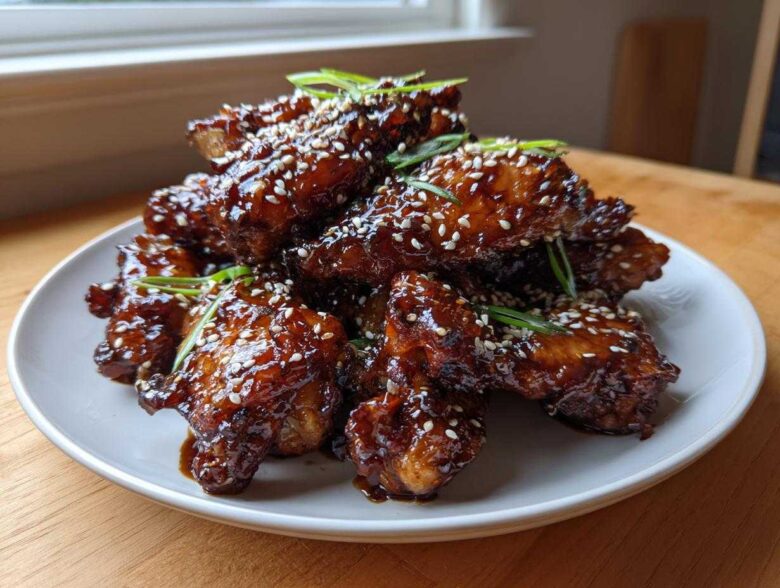 A tempting pile of Sticky Teriyaki Chicken Wings Oven Baked, glazed dark brown and topped with sesame seeds and green onions.