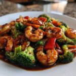 Close-up of Sticky Teriyaki Shrimp Stir Fry Quick Meal featuring glossy shrimp, bright green broccoli, and red peppers in a dark sauce.