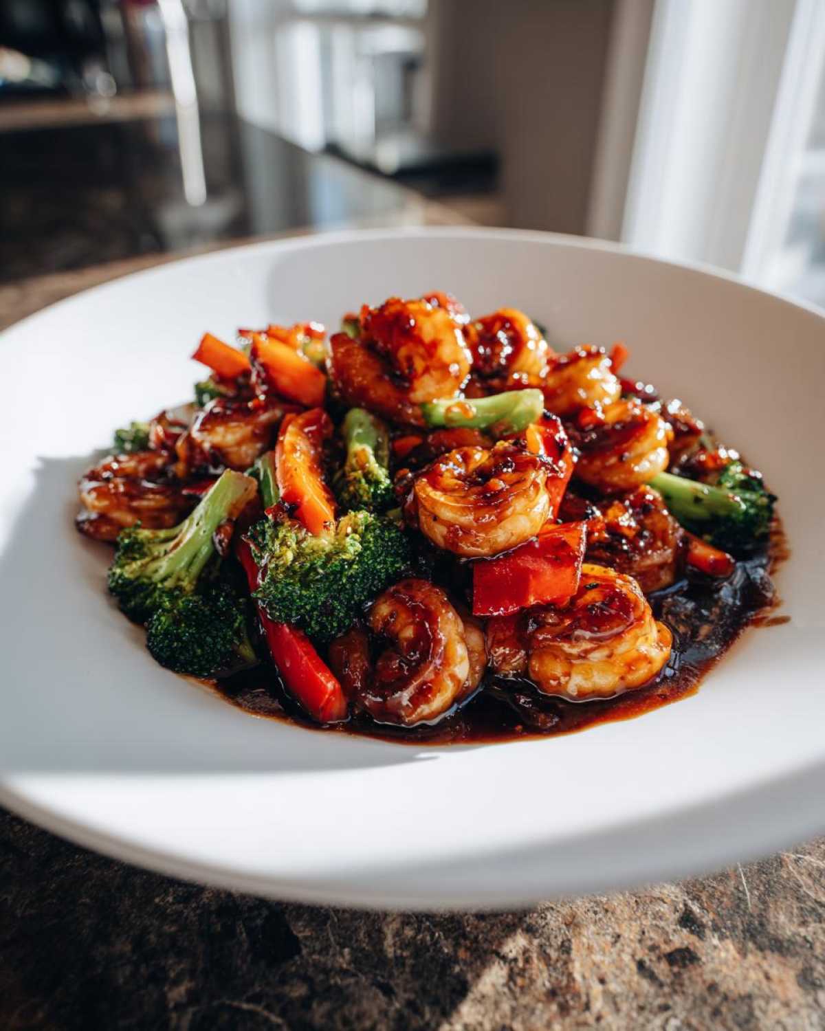 Close-up of Sticky Teriyaki Shrimp Stir Fry with broccoli and red peppers in a white bowl.