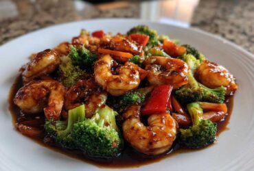 Close-up of Sticky Teriyaki Shrimp Stir Fry Quick Meal featuring glossy shrimp, bright green broccoli, and red peppers in a dark sauce.