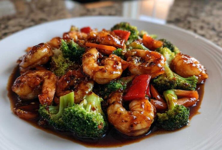Close-up of Sticky Teriyaki Shrimp Stir Fry Quick Meal featuring glossy shrimp, bright green broccoli, and red peppers in a dark sauce.