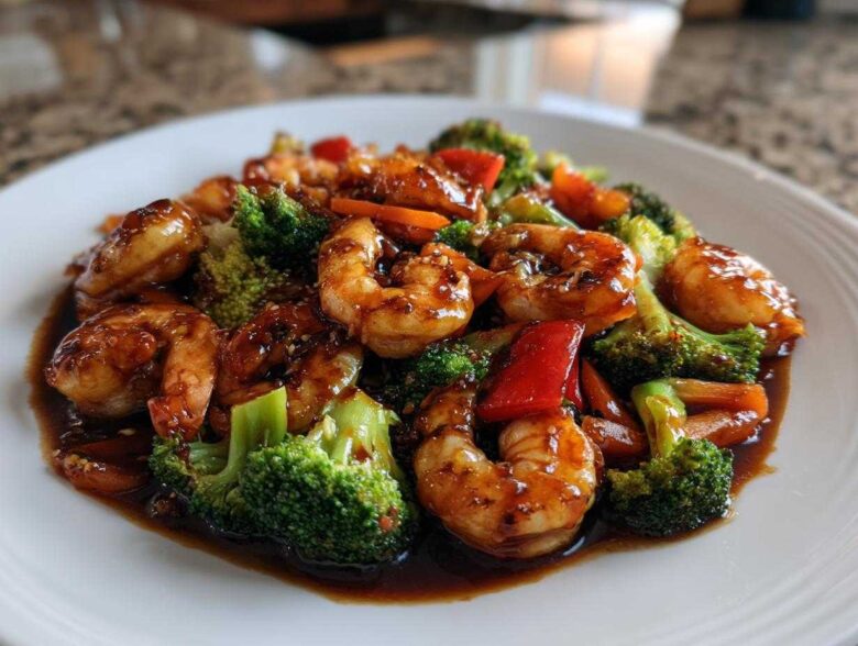 Close-up of Sticky Teriyaki Shrimp Stir Fry Quick Meal featuring glossy shrimp, bright green broccoli, and red peppers in a dark sauce.