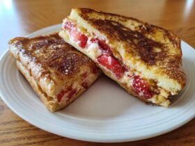 Close-up of Strawberry Cream Cheese Stuffed French Toast, cut in half to show the filling.