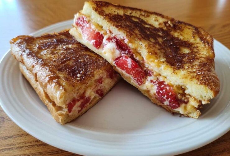 Close-up of Strawberry Cream Cheese Stuffed French Toast, cut in half to show the filling.