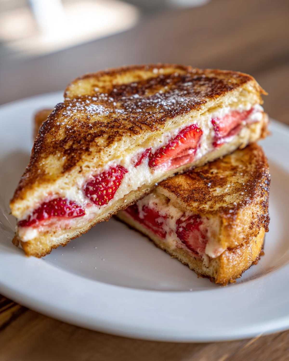 Two halves of golden brown Strawberry Cream Cheese Stuffed French Toast stacked on a white plate, dusted with powdered sugar.