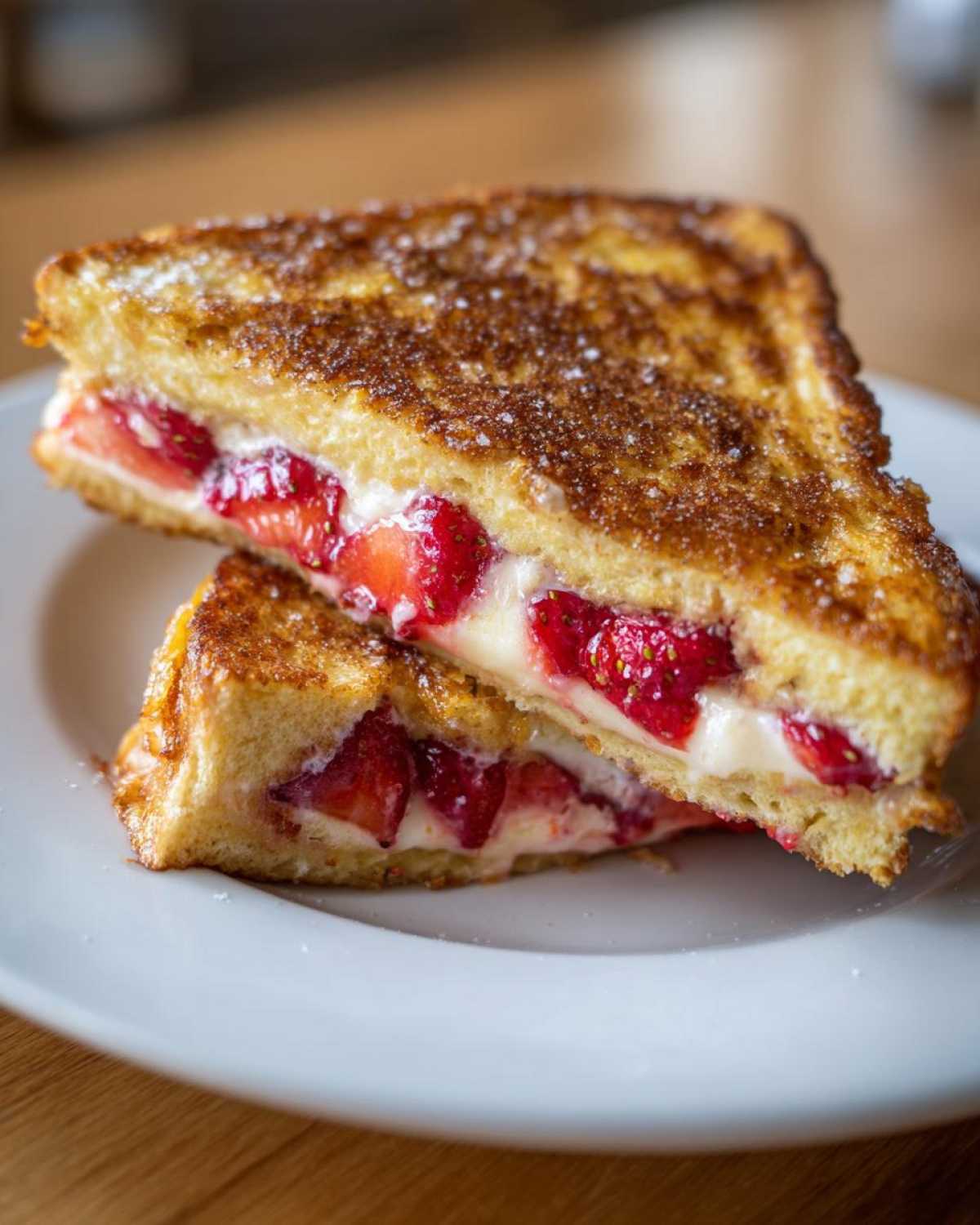 Close-up of two halves of Strawberry Cream Cheese Stuffed French Toast stacked on a white plate, dusted with powdered sugar.