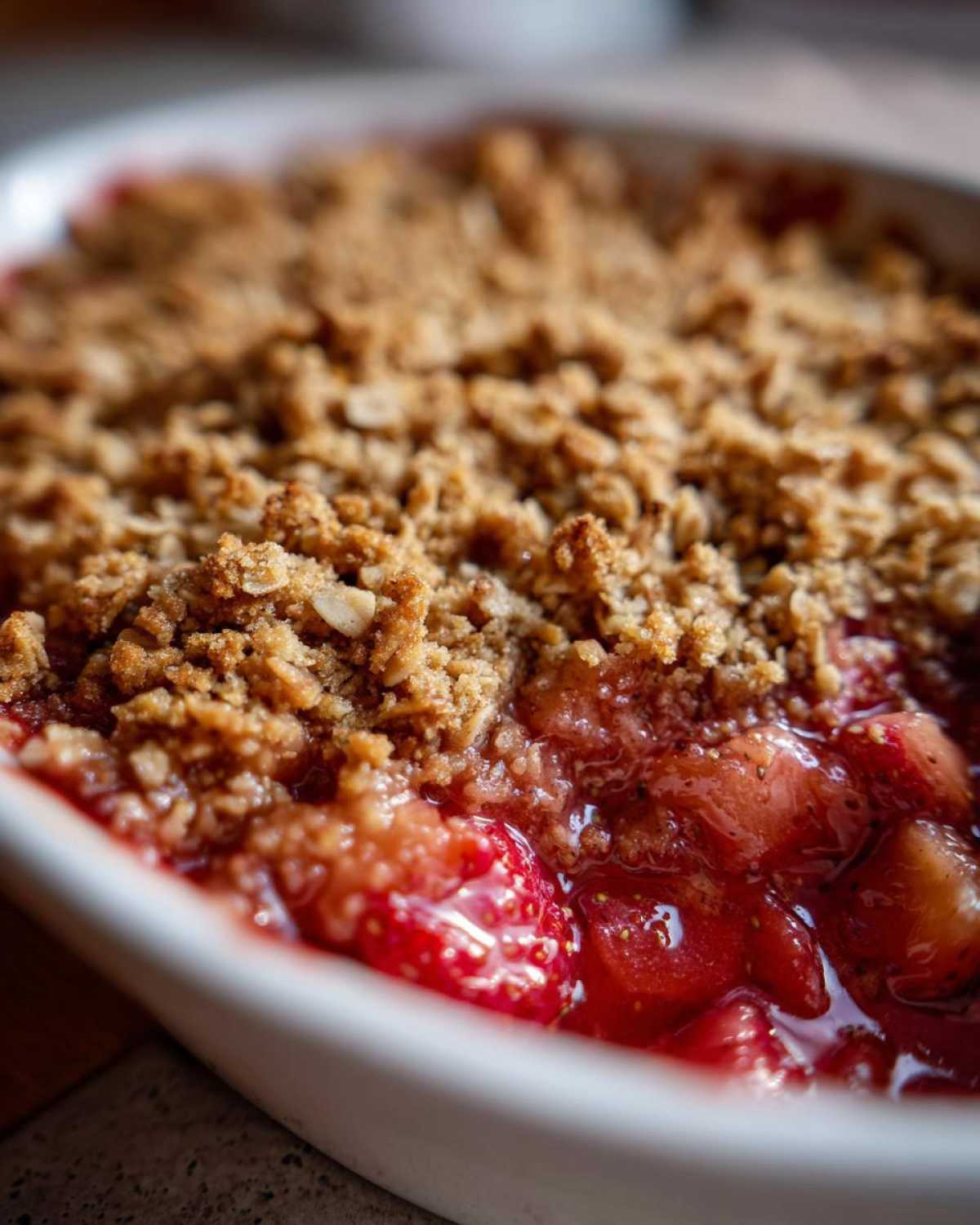 Close-up of bubbling fruit filling and golden brown oat topping in a Strawberry Rhubarb Crisp.