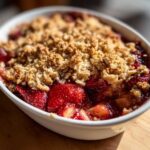 Close-up of a warm Strawberry Rhubarb Crisp topped with golden, crunchy oat crumble in a white oval dish.