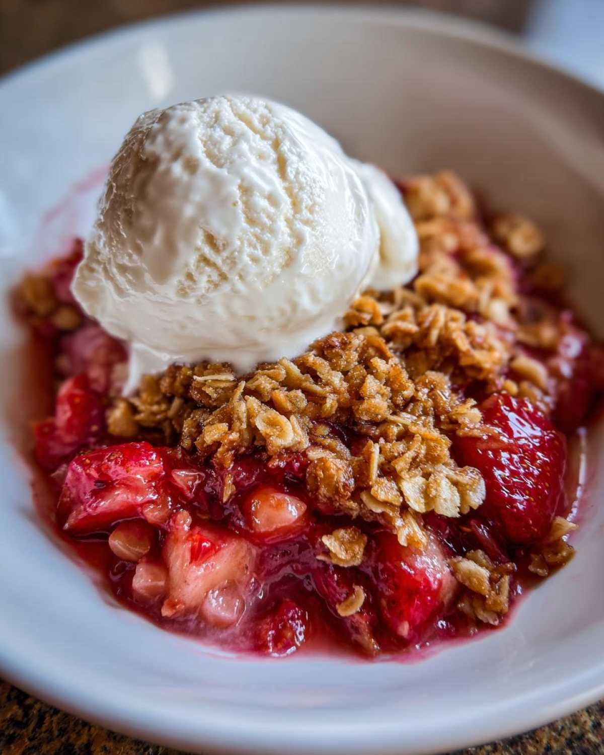 Close-up of warm Strawberry Rhubarb Crisp topped with a melting scoop of vanilla ice cream.
