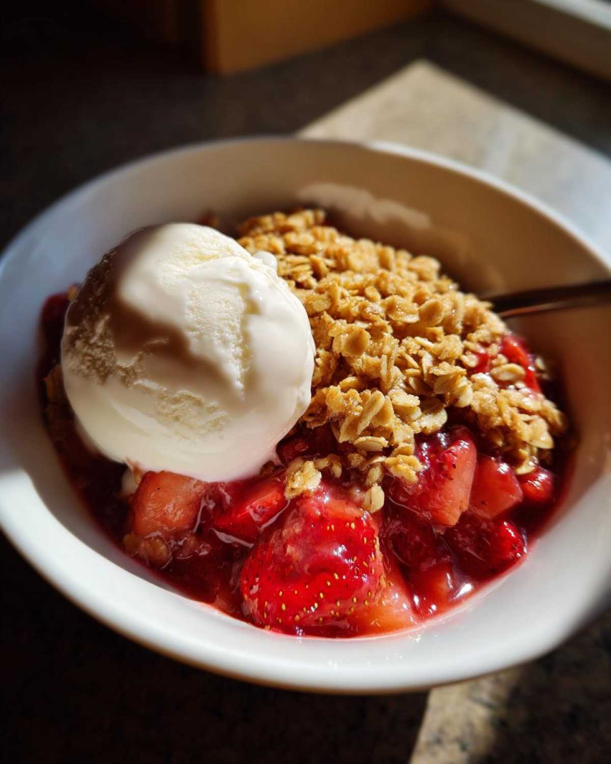 A close-up of a bowl of warm Strawberry Rhubarb Crisp topped with a scoop of vanilla ice cream.