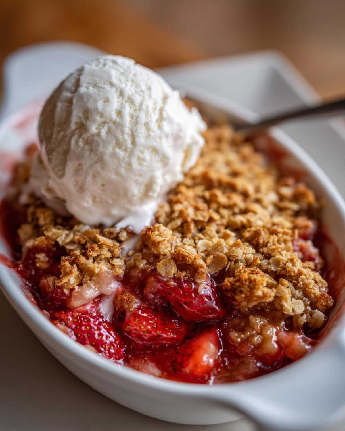 Close-up of a warm Strawberry Rhubarb Crisp topped with a scoop of melting vanilla ice cream in a white ramekin.