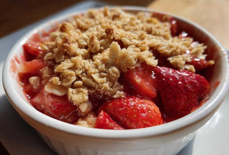 Close-up of a warm serving of Strawberry Rhubarb Crisp topped with golden oat crumble in a white ramekin.
