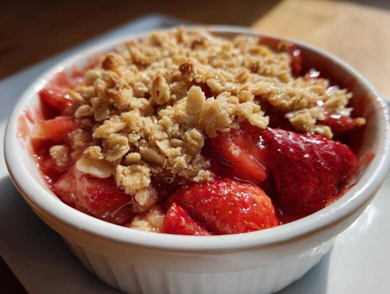 Close-up of a warm serving of Strawberry Rhubarb Crisp topped with golden oat crumble in a white ramekin.
