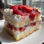 A close-up slice of Strawberry Shortcake Sheet Cake featuring layers of yellow cake, whipped cream, and macerated strawberries.