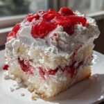 A generous slice of Strawberry Shortcake Sheet Cake layered with cream and topped with macerated strawberries.