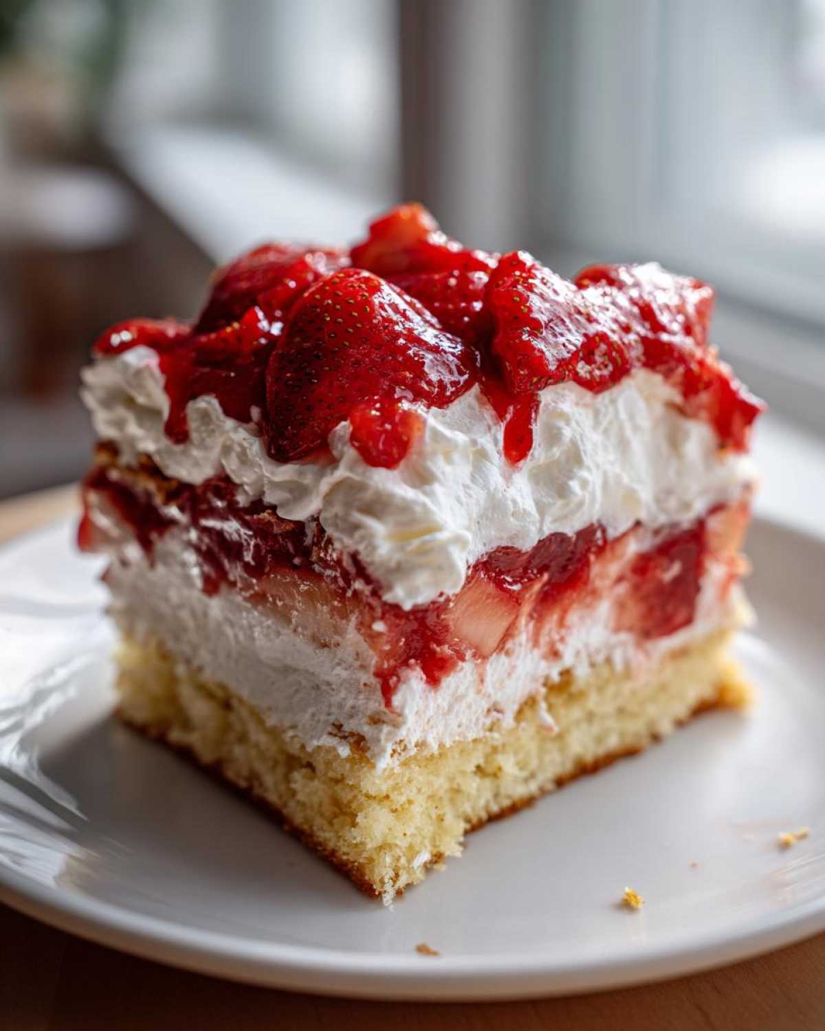 Close-up of a moist slice of Strawberry Shortcake Sheet Cake layered with cream and topped with glazed strawberries.
