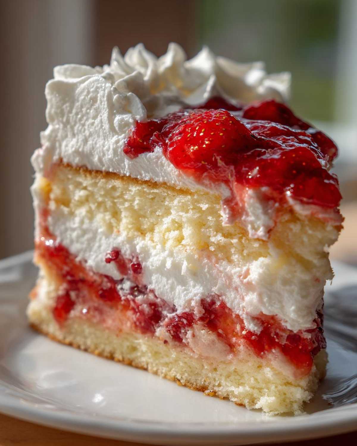 A generous slice of Strawberry Shortcake Sheet Cake featuring layers of yellow cake, whipped cream, and strawberry filling.