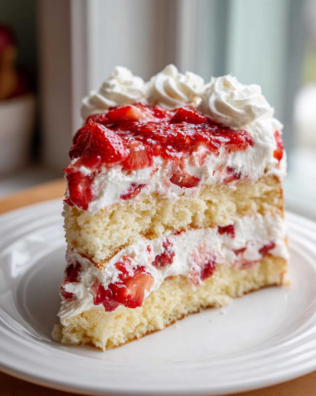 A tall, luscious slice of Strawberry Shortcake Sheet Cake showing layers of yellow cake, whipped cream, and macerated strawberries.
